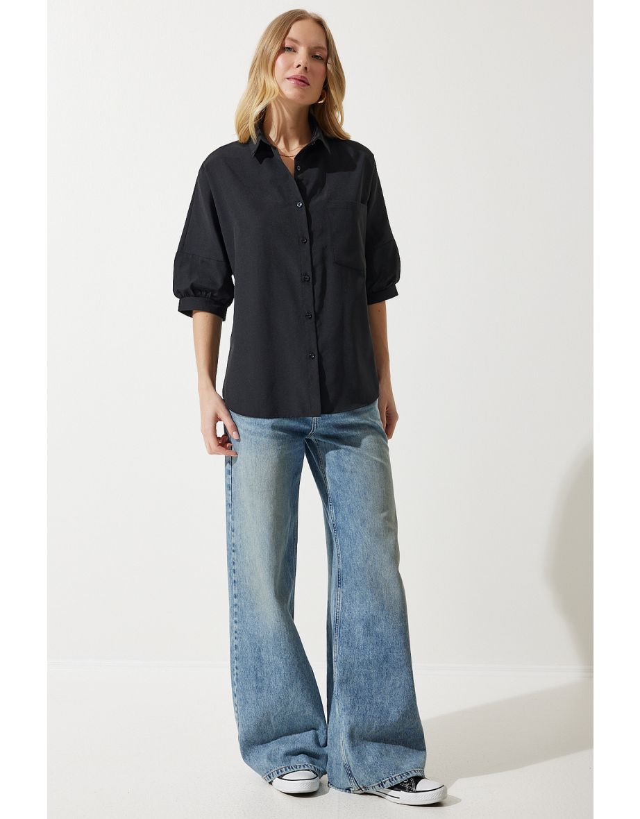 Women's Black Balloon Sleeve Poplin Shirt