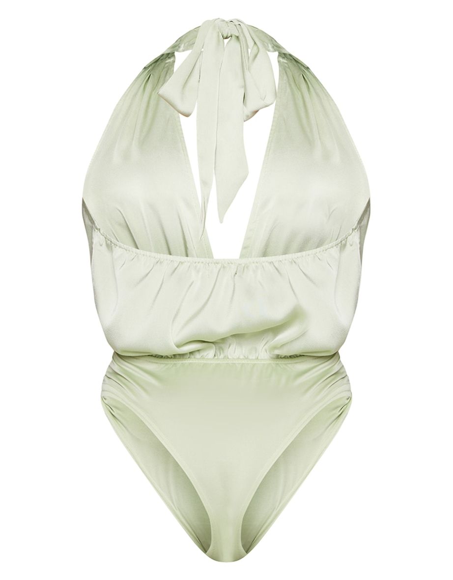 Shape Sage Green Satin Ruched Halterneck Bodysuit - 5