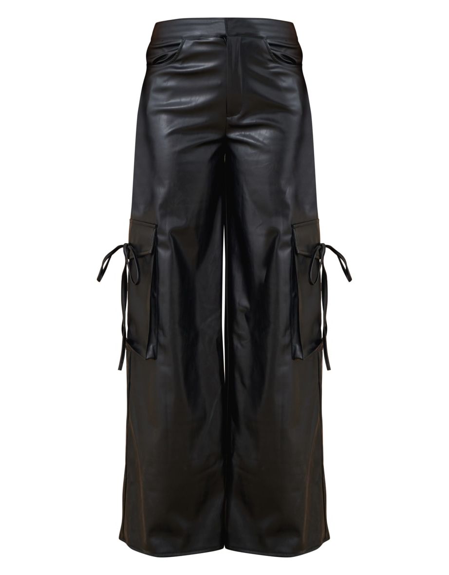 Black Faux Leather Straight Leg Cargos Trousers - 4