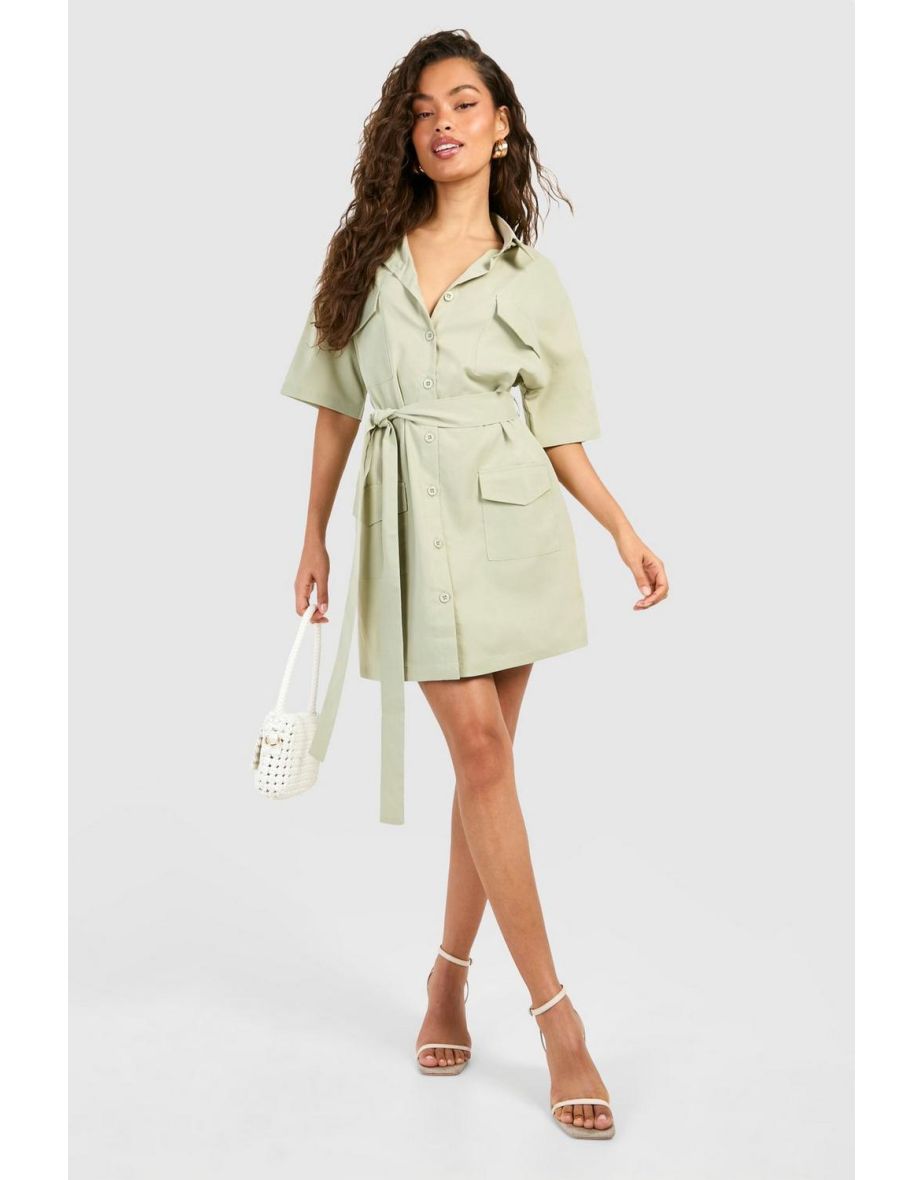 Poplin Short Sleeve Utility Shirt Dress - sage