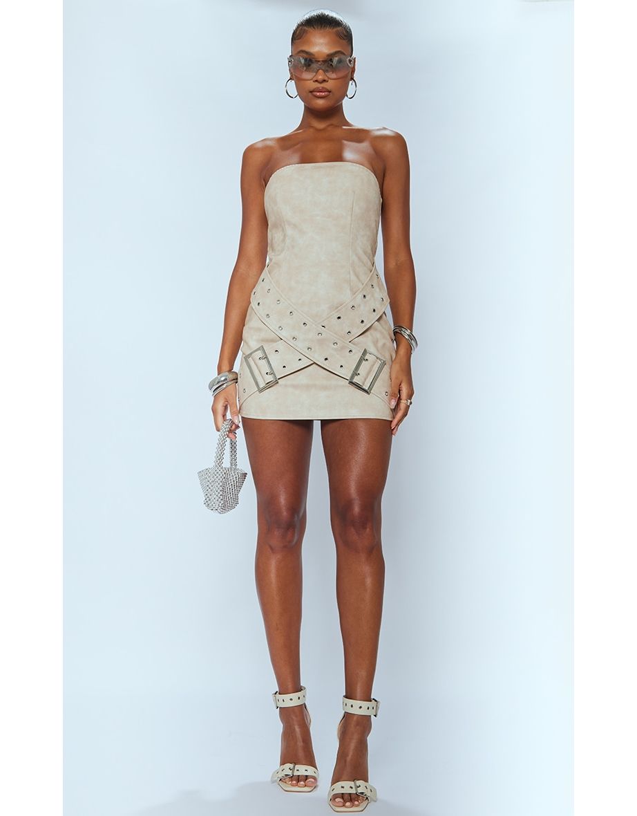 Shop Cream Distressed PU Bandeau Belt Detail Bodycon Dress Online in Bahrain VogaCloset