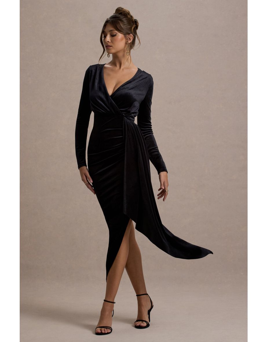 Arcadia | Black Velvet Plunge-Neck Wrap Maxi Dress