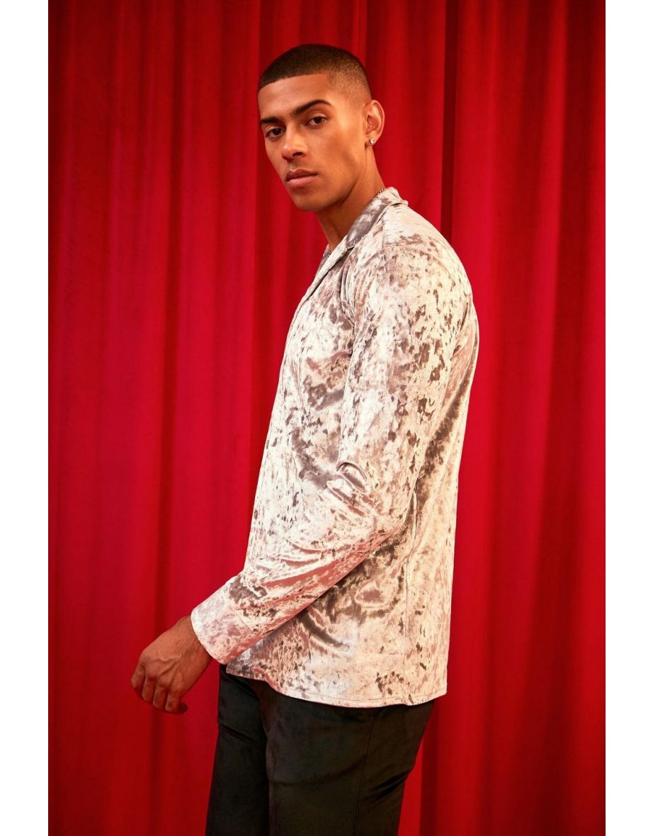 Long Sleeve Crushed Velvet Shirt - grey