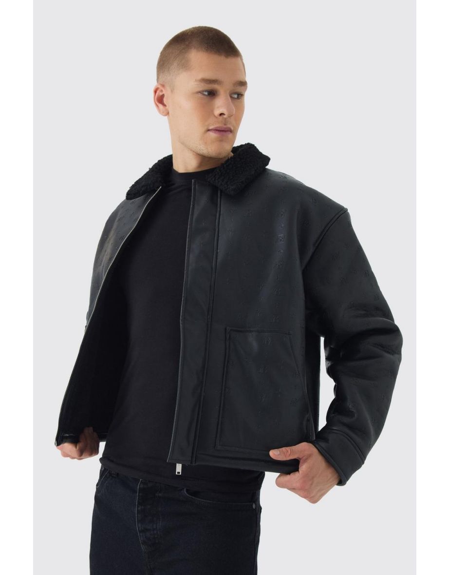 Bm Embossed Borg Collar Harrington Jacket In Black - black