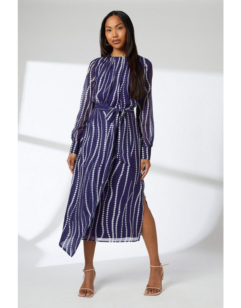 Navy Spot Pleat Neck Drape Midi Dress - 3