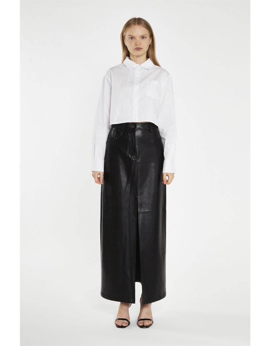 Black PU Centre-Split Midi-Skirt
