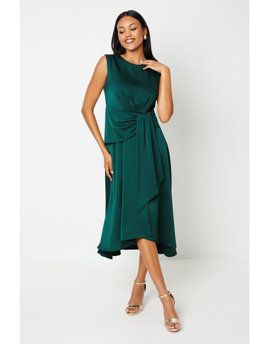 Sash Front Drape Skirt Satin Midaxi Dress