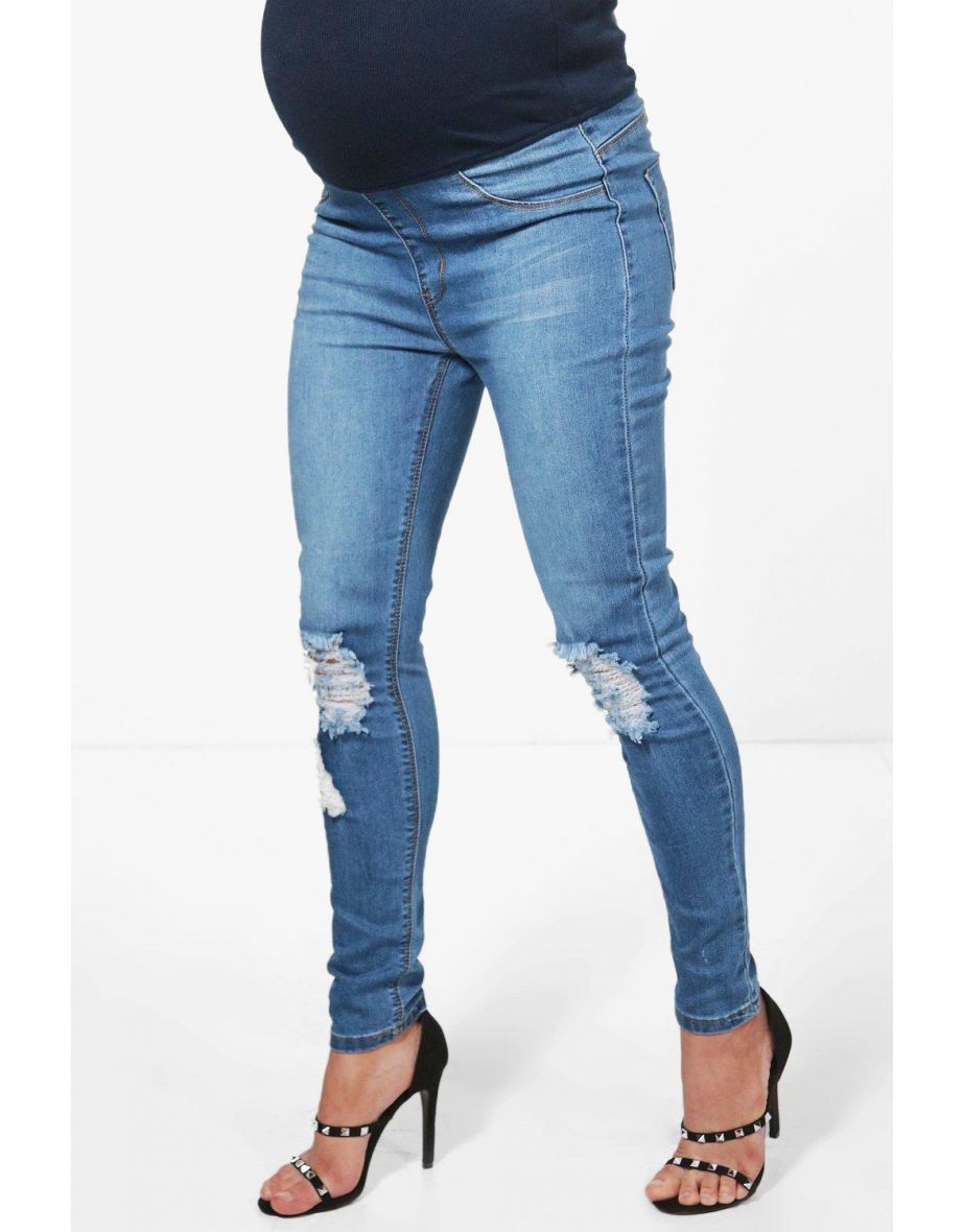 Maternity Ava Under The Bump Distressed Knee Skinny Jeans - BLUE - 3