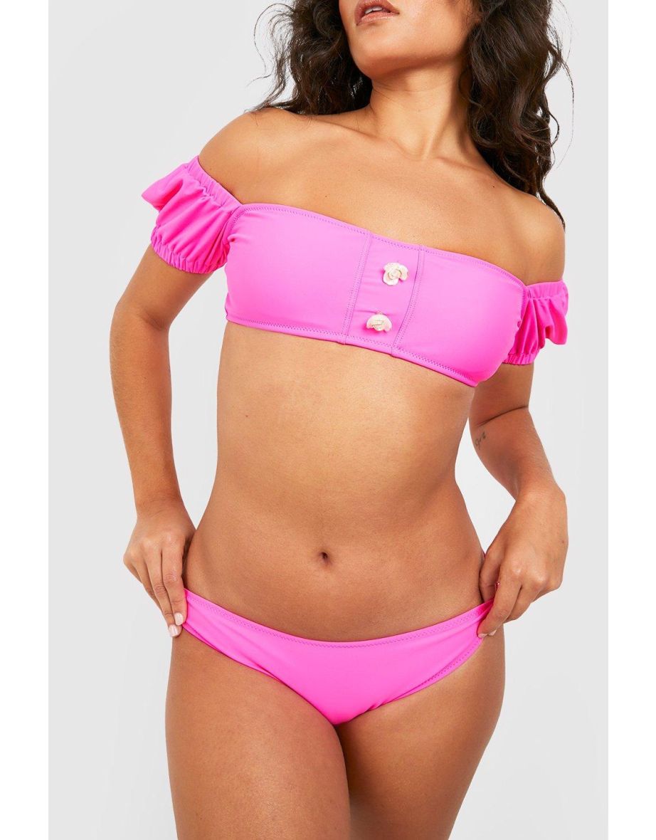 Pearl Detail Short Sleeve Padded Bikini Set - hot pink - 3