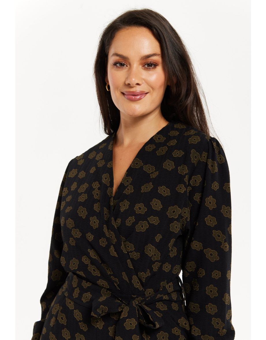 Women's Black Floral Wrap Jumpsuit with Long Sleeves and Tie Belt - 7