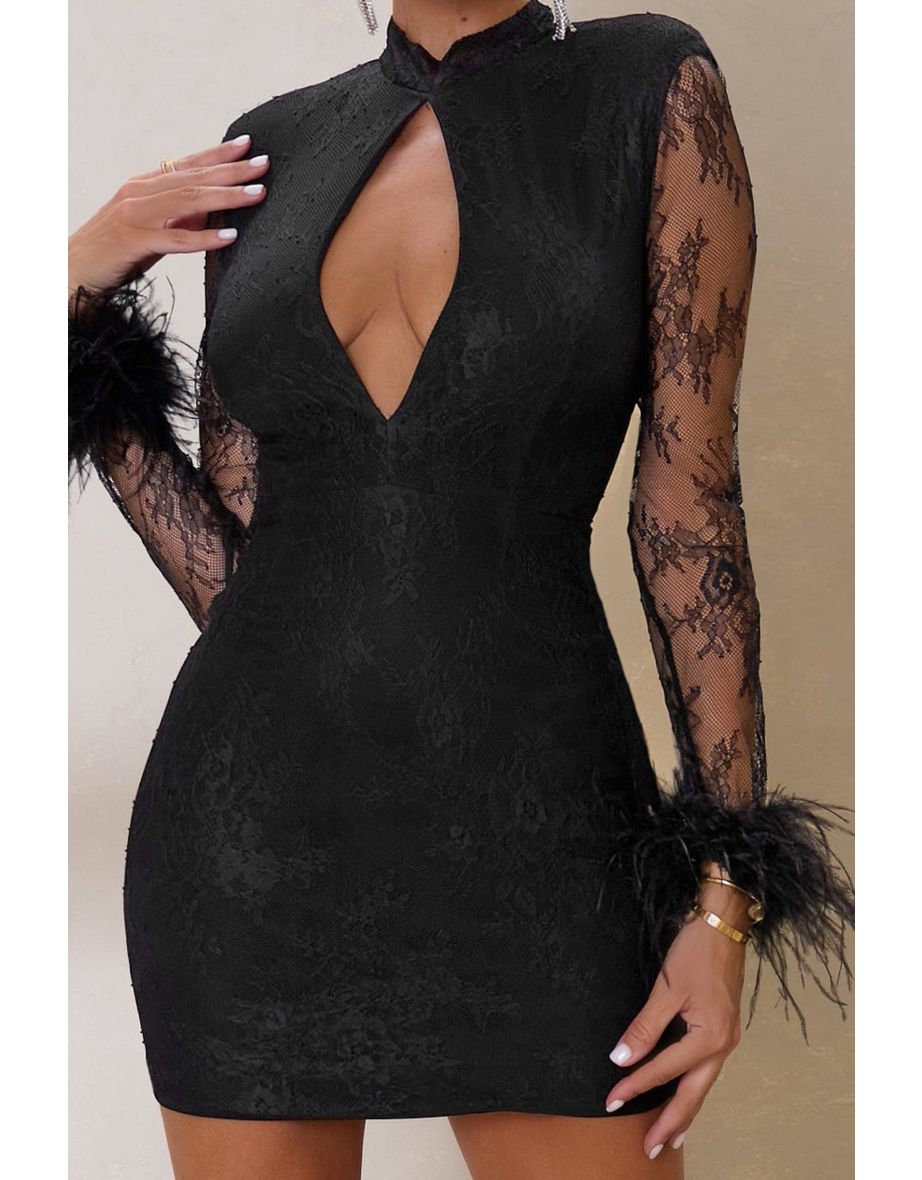 Enamored | Black Lace Mini Dress With Front Cutout And Feather Trim At Cuff - 3