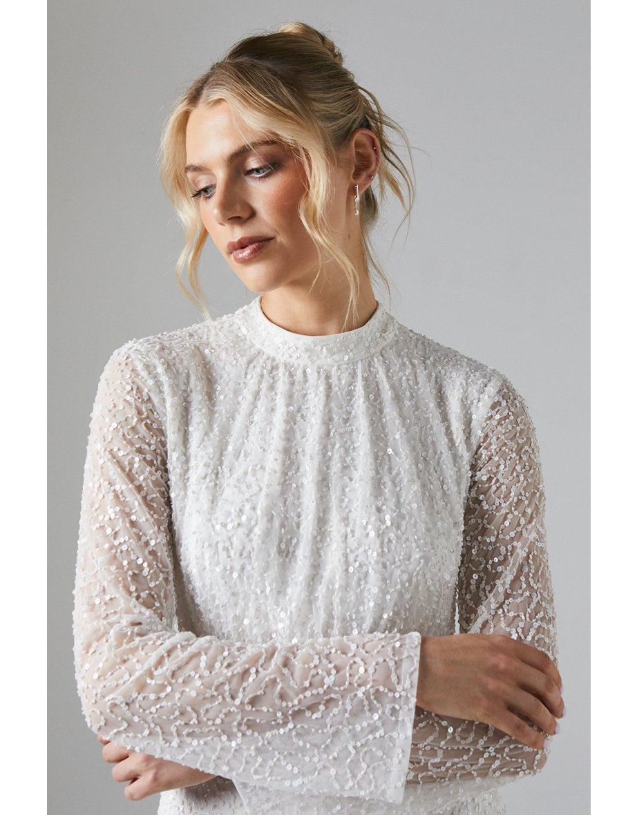High Neck Long Sleeve Sequin Embellished Cowl Back Wedding Dress - 3