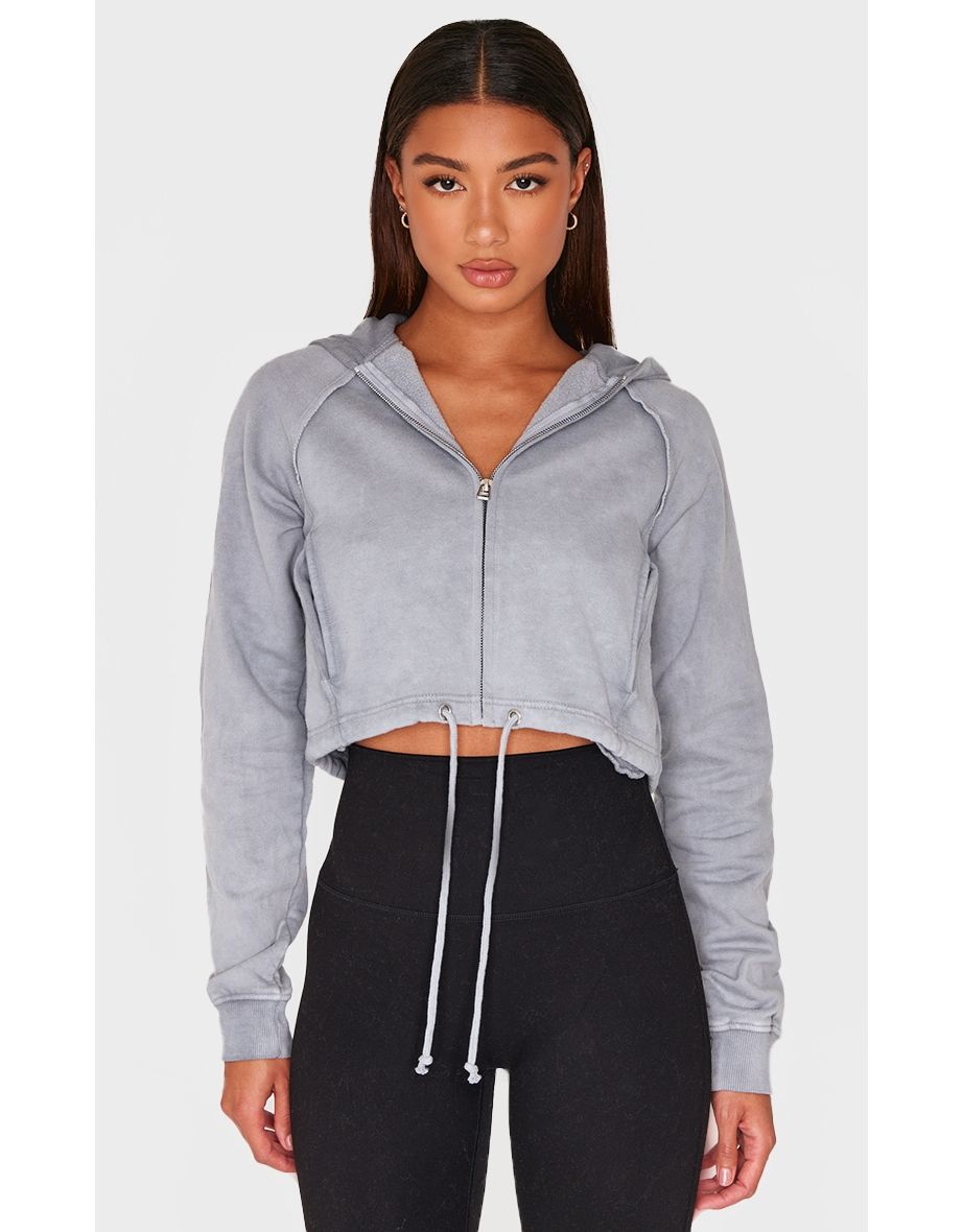 Ice Grey Washed Exposed Seam Cropped Drawstring Hoodie
