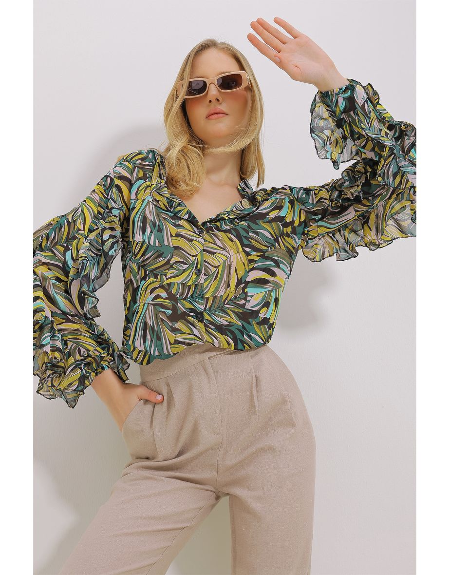 Women's Green Judge Collar Sleeves Flounce Patterned Chiffon Shirt