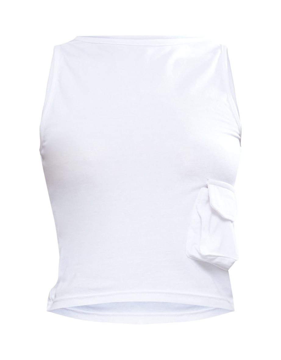 White Pocket Detail Longline Sleeveless Top - 4