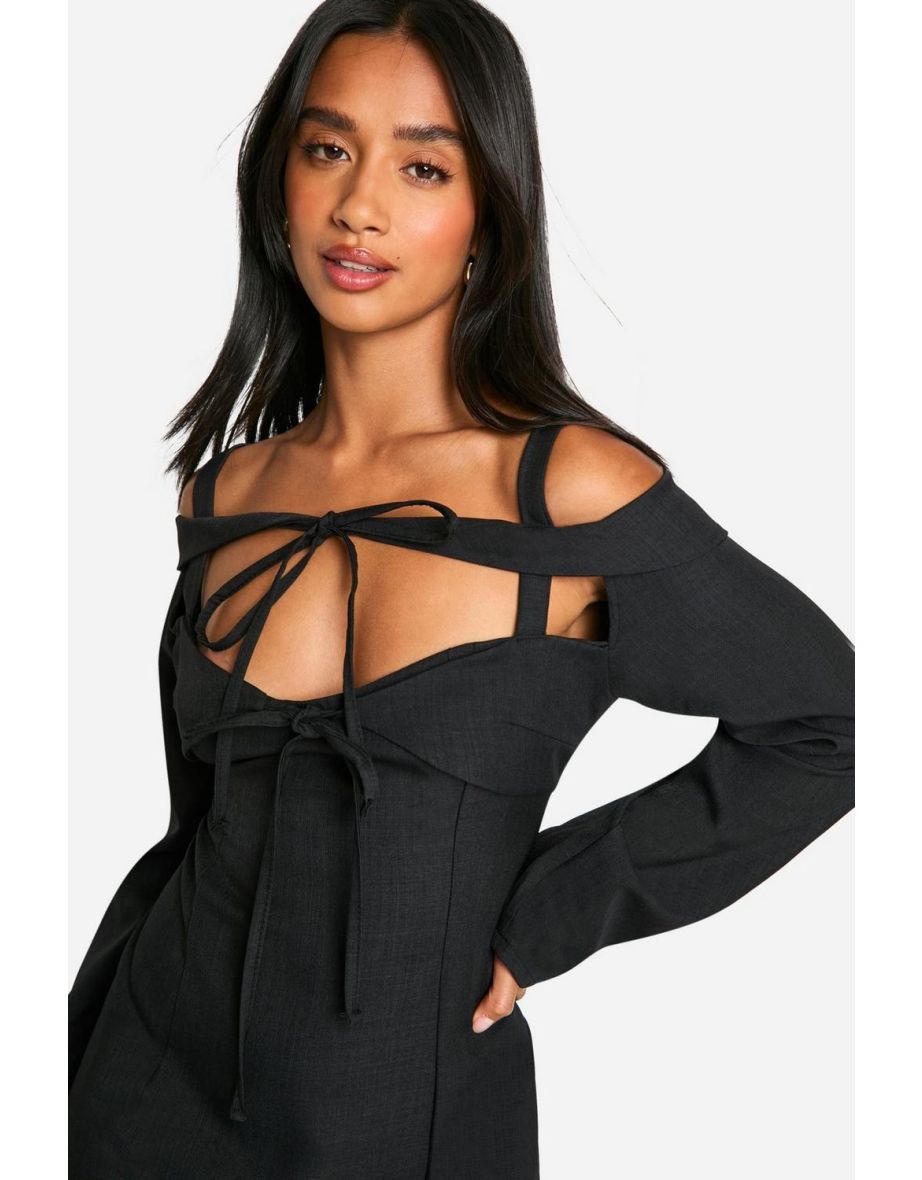 Petite Bardot Cut Out Tailored Mini Dress - black - 3