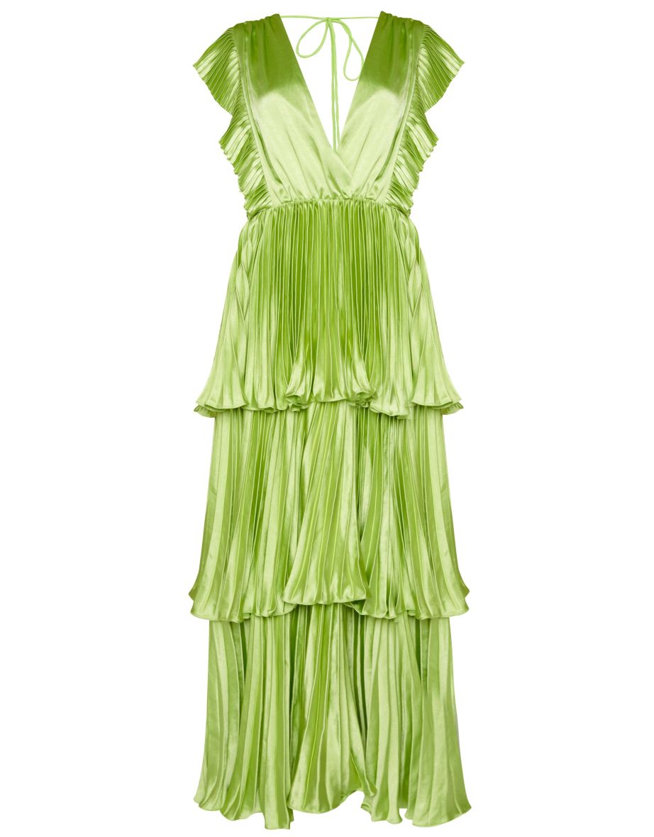 Lime Satin Pleated Tiered Midaxi Dress - 4
