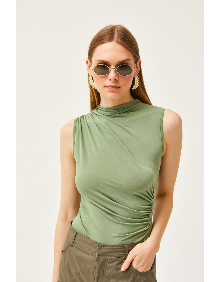 Women's Green Stand Collar Gather Detailed Crop Blouse