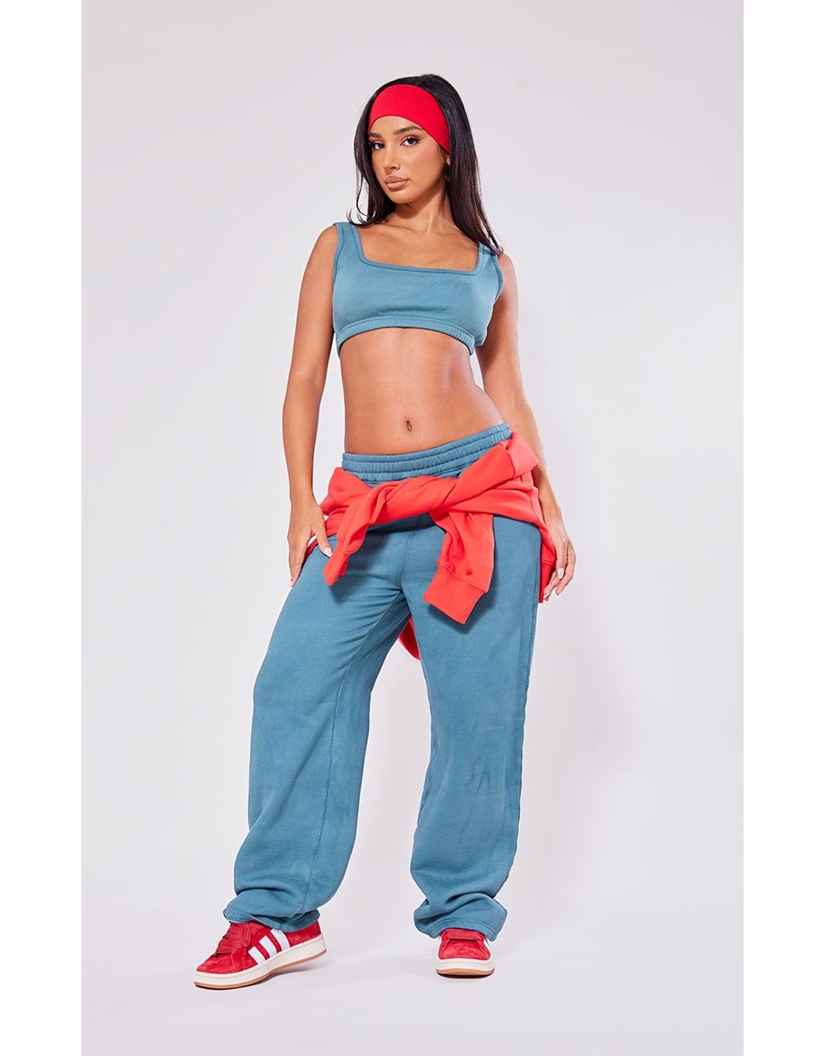 Petite Teal Acid Wash Elasticated Wide Leg Joggers