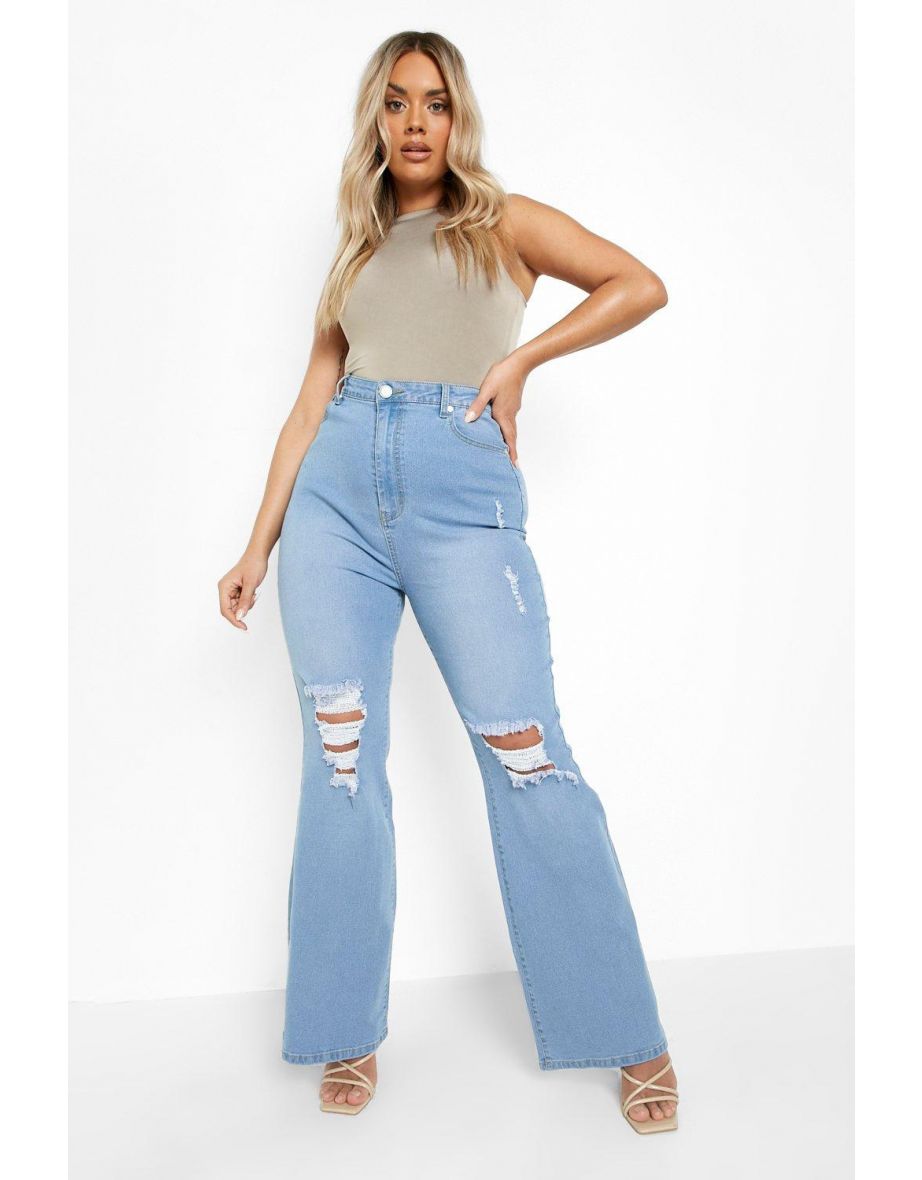 Plus High Waist Split Detail Flared Jeans - stonewash