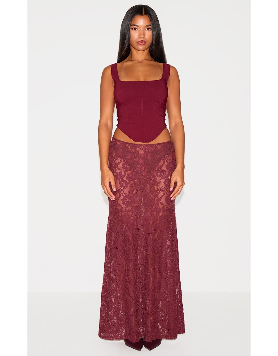 Plum Floral Lace Sheer Maxi Skirt
