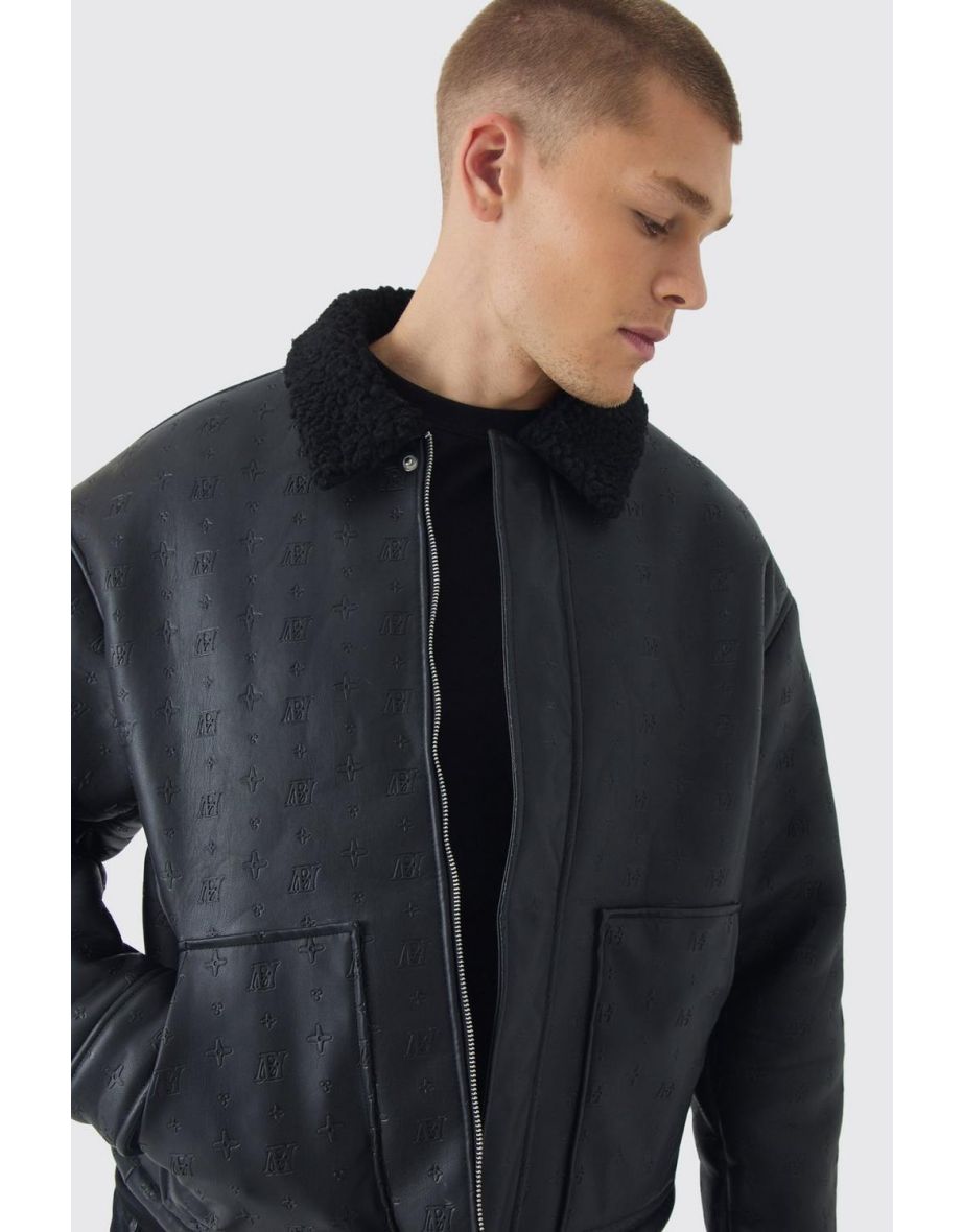 Bm Embossed Borg Collar Harrington Jacket In Black - black - 2