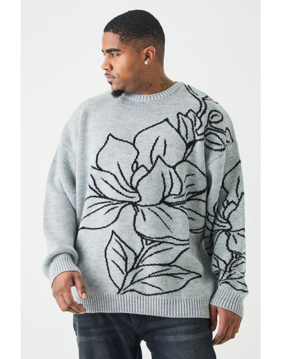 Plus Oversized Knitted Line Drawing Drop Shoulder Jumper - charcoal - 2