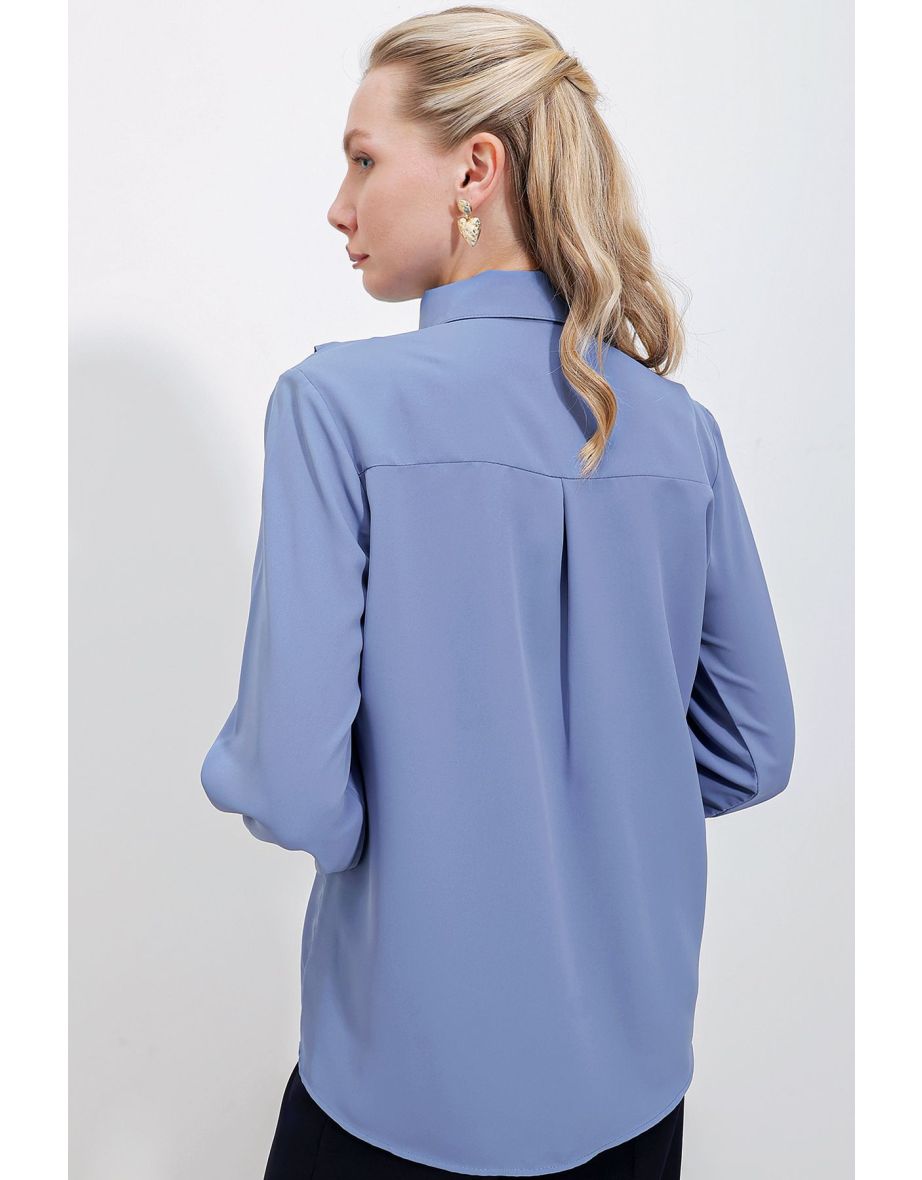 Frilly Long Sleeve Shirt - Indigo - 4