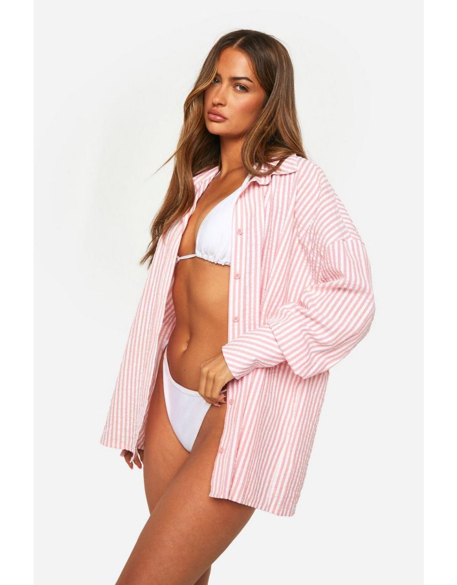 Stripe Seersucker Oversized Beach Shirt - coral