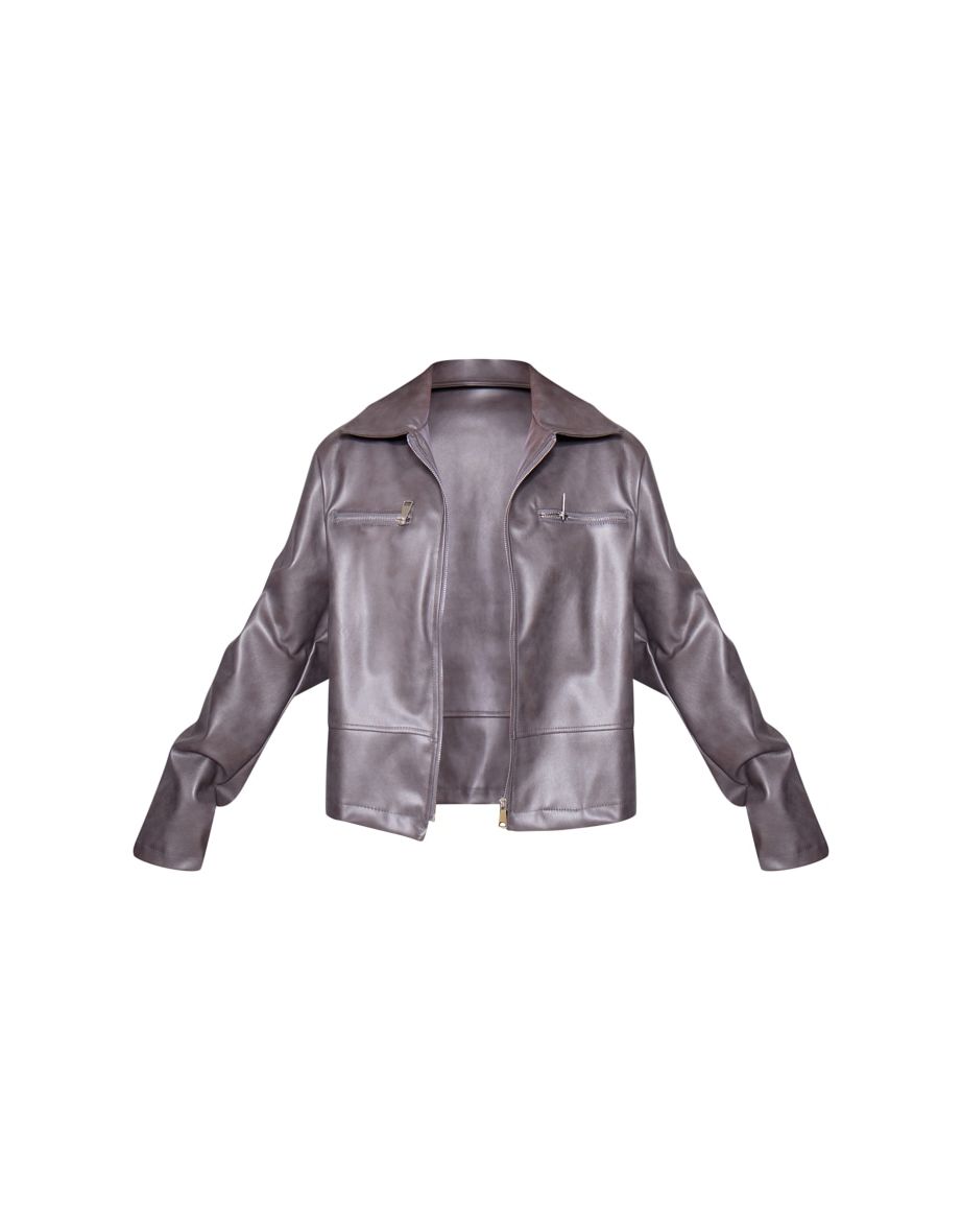 Washed Grey Faux Leather Zip Detail Longline Jacket - 4