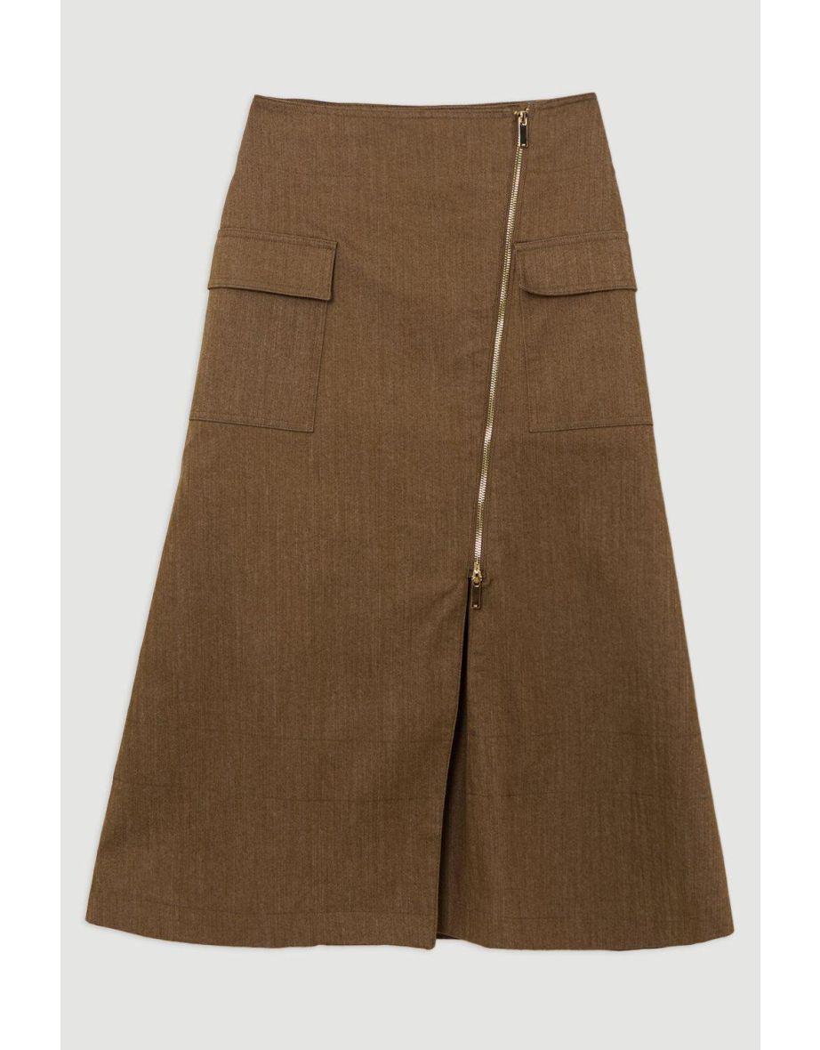 Tailored Denim Asymmetric Wrap Zip Midi Skirt - 3