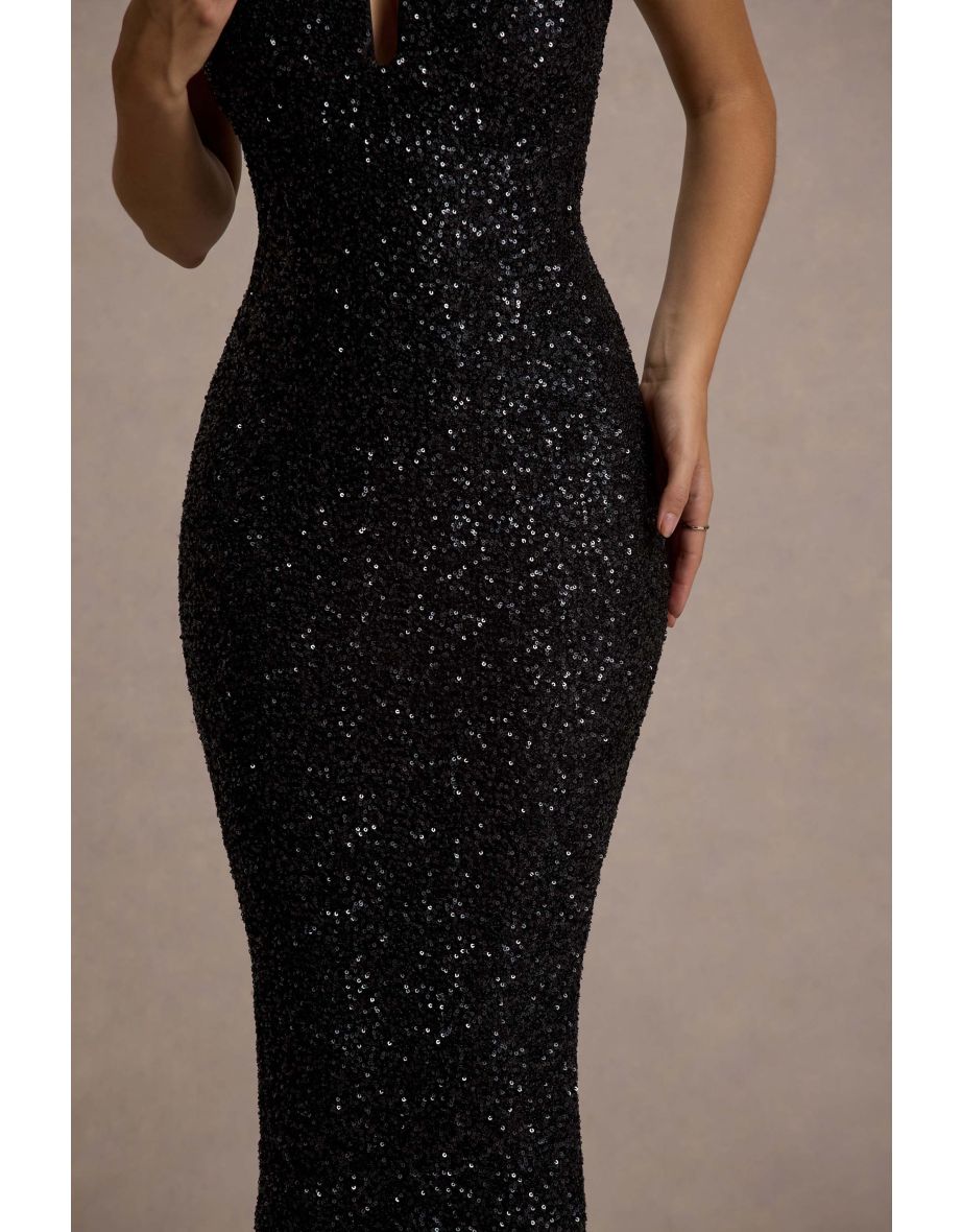 Dazzle Me | Black Sequin Strappy Bodycon Maxi Dress - 6