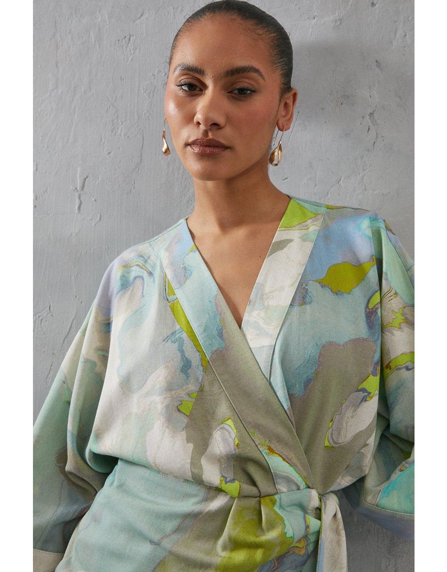 Linen Wrap Marble Print Kimono Mini Dress - 3