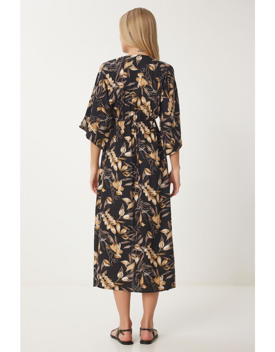 Women's Black Beige Wrap Collar Patterned Summer Viscose Dress - 6