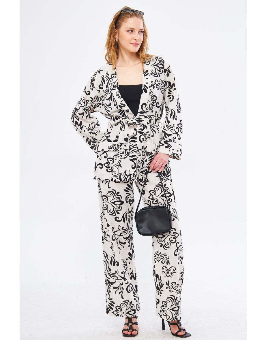 Women's Black Dio Kimono Patterned Belted Pocket Detailed Linen Look