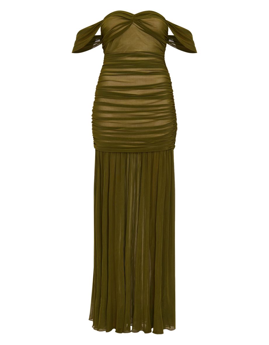 Olive Mesh Bardot Ruched Detail Maxi Dress - 4