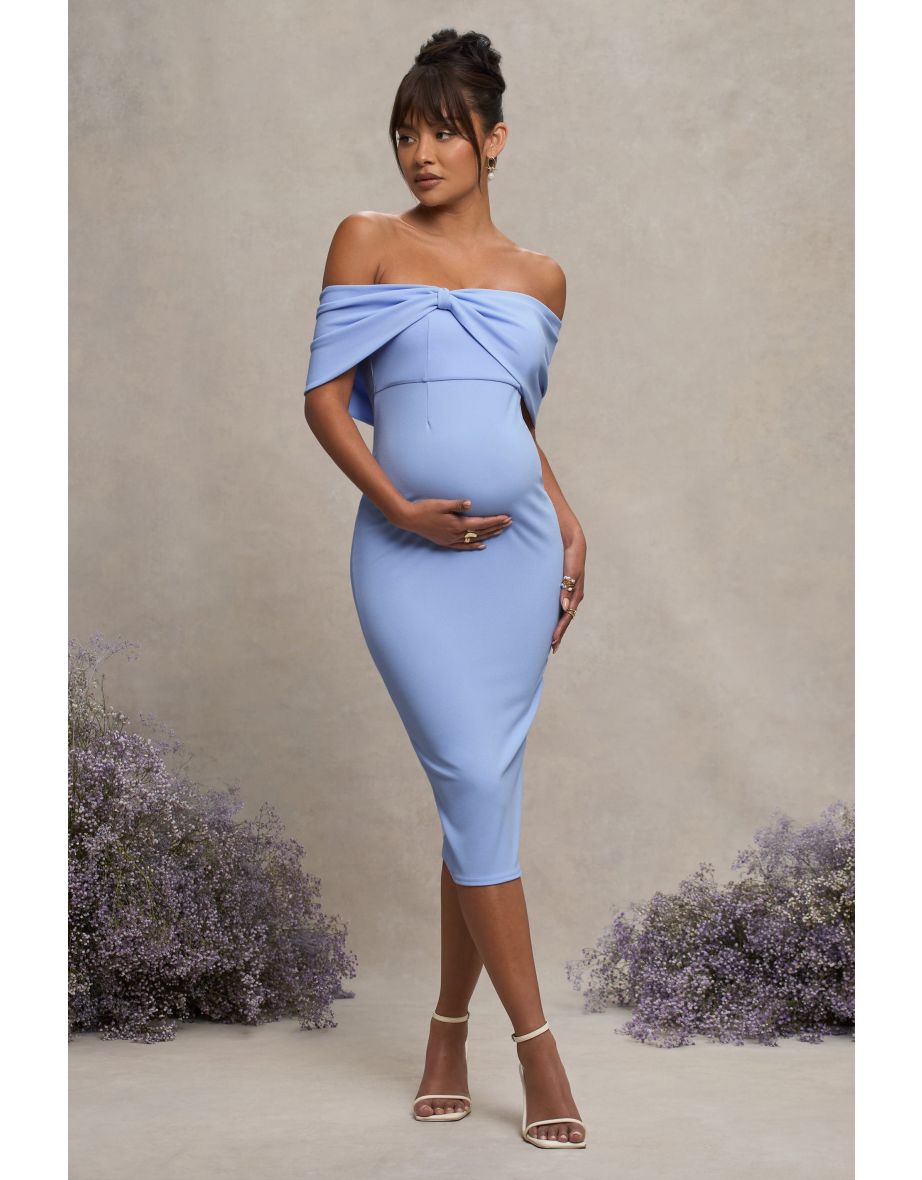 Alyssa | Powder Blue Bardot Bow Maternity Midi Dress with Ruching - 4
