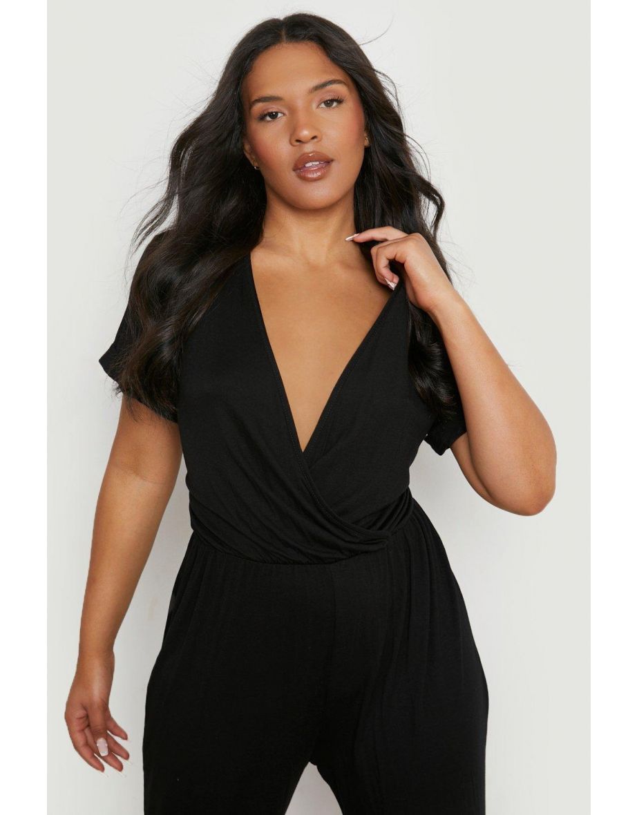 Plus V Neck Cuff Hem Jumpsuit - black - 3