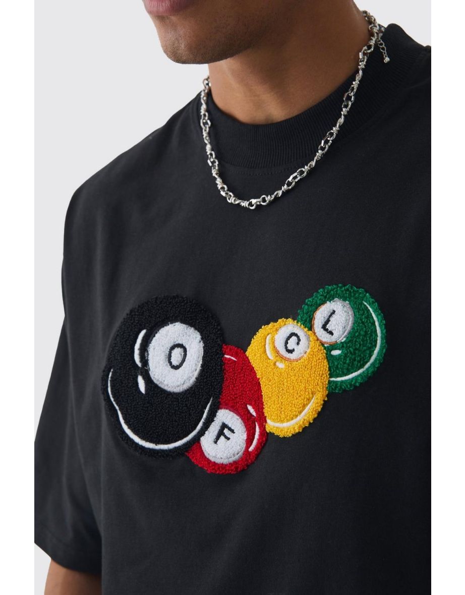 Oversized Boxy Half Sleeve Applique Pool Ball T-shirt - black - 2