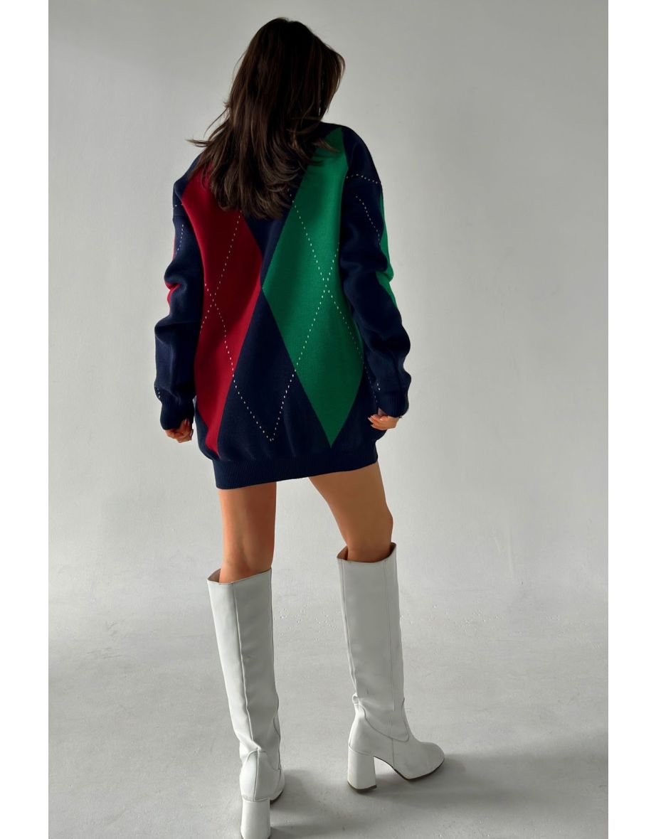 Women's Diamond Pattern Green Red Long Oversize Tunic Sweater - 2