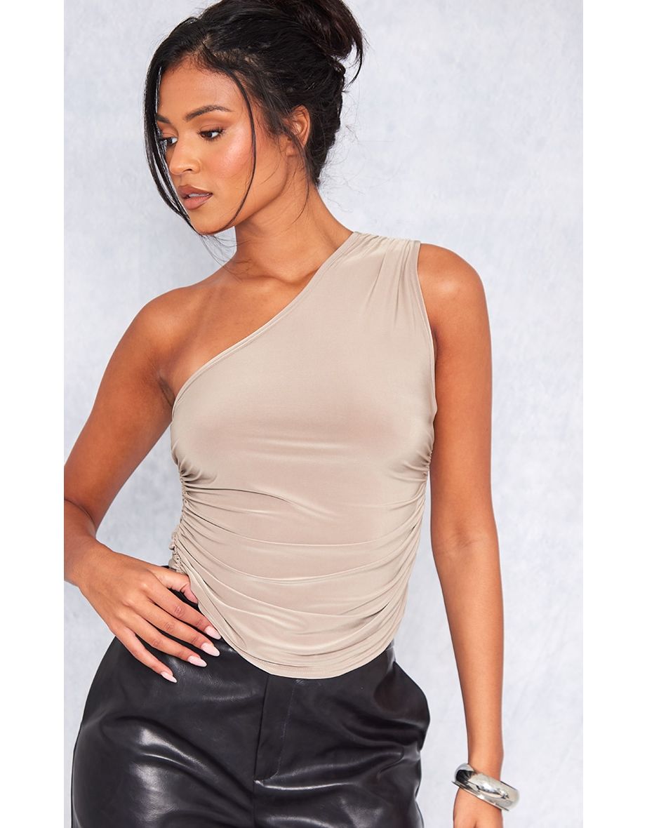 Tall Mocha Slinky Ruched One Shoulder Top