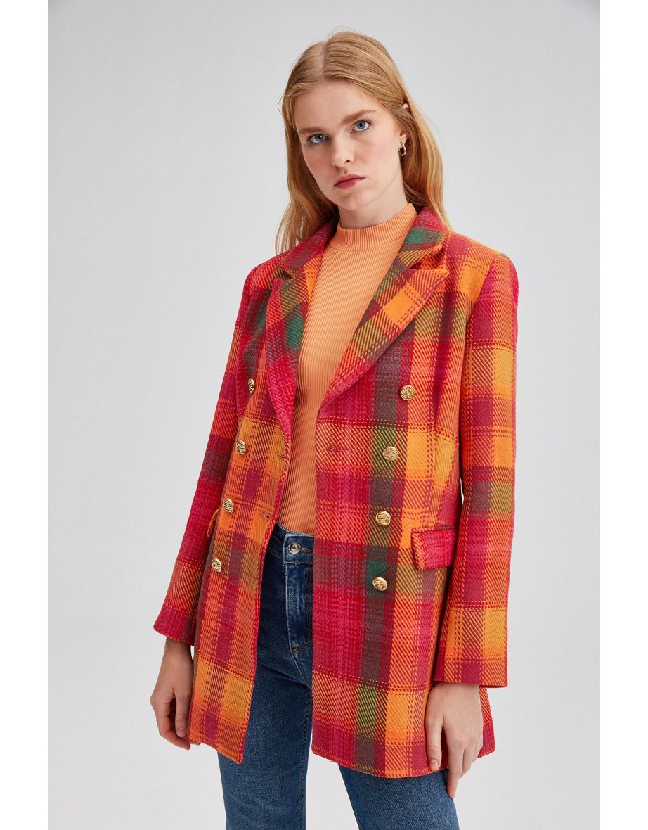 COLORFUL CKECK PATTERNED BUTTON DETAIL DOUBLE-BREASTED JACKET