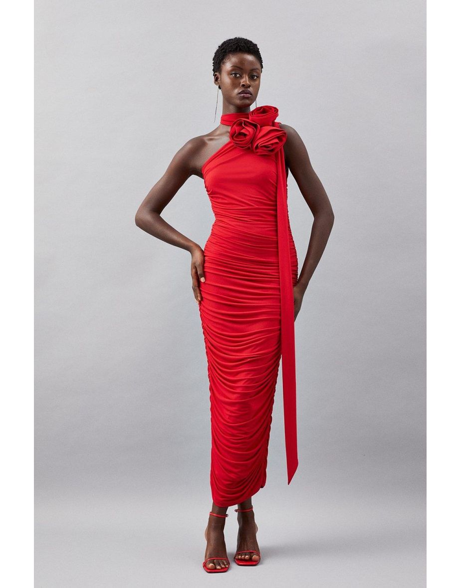 Tyra Banks - Drapey Ruched Jersey Rosette Midi Dress