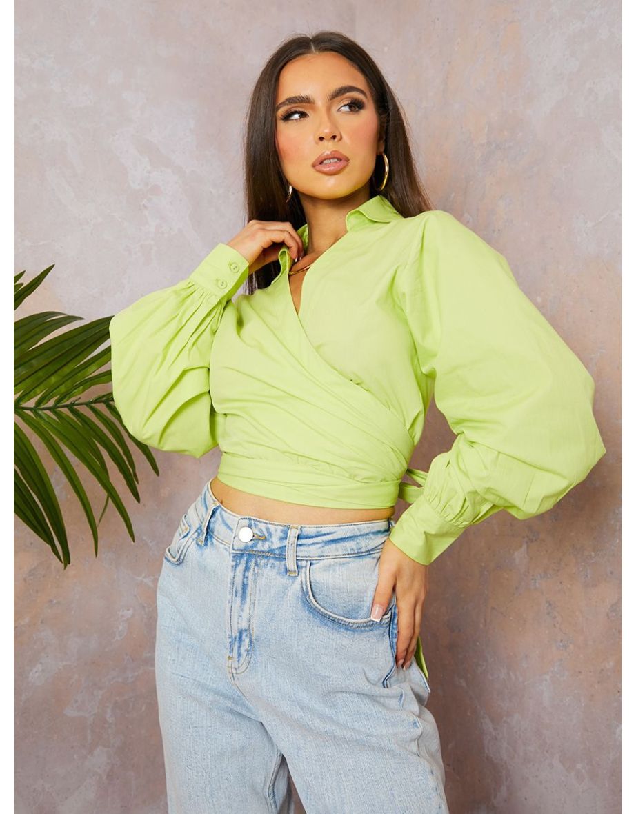 Cotton Poplin Wrap Shirt in Chartreuse