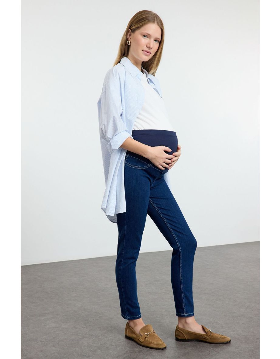 Blue High Waist Abdominal Panel Skinny Fit Maternity Trousers