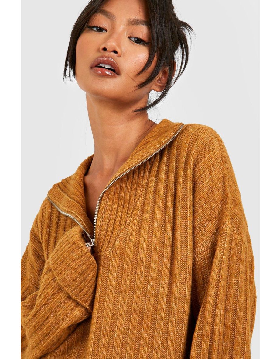 Soft Wide Rib Knit Half Zip Funnel Neck Jumper - biscuit - 3