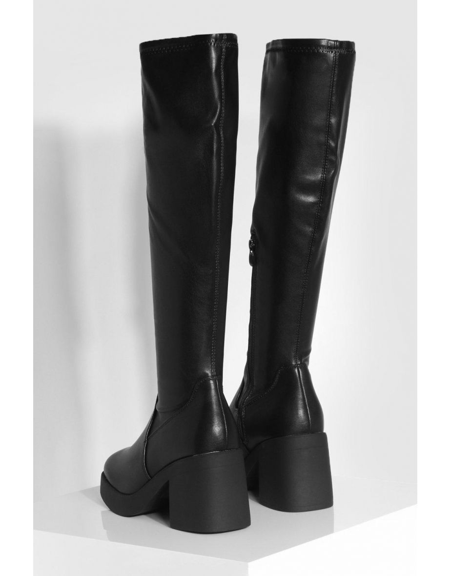 Wide Fit Stretch Block Heel Calf High Boots - black - 3
