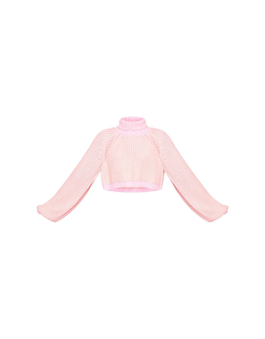 Pink And Cream Knit Roll Neck Cut Out Cropped Jumper - 4