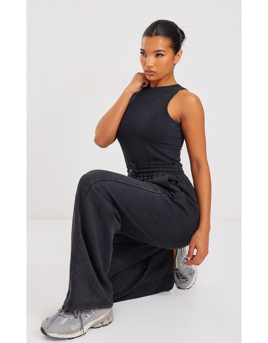 Washed Black Scoop Neck Sweat Wide Leg Jumpsuit