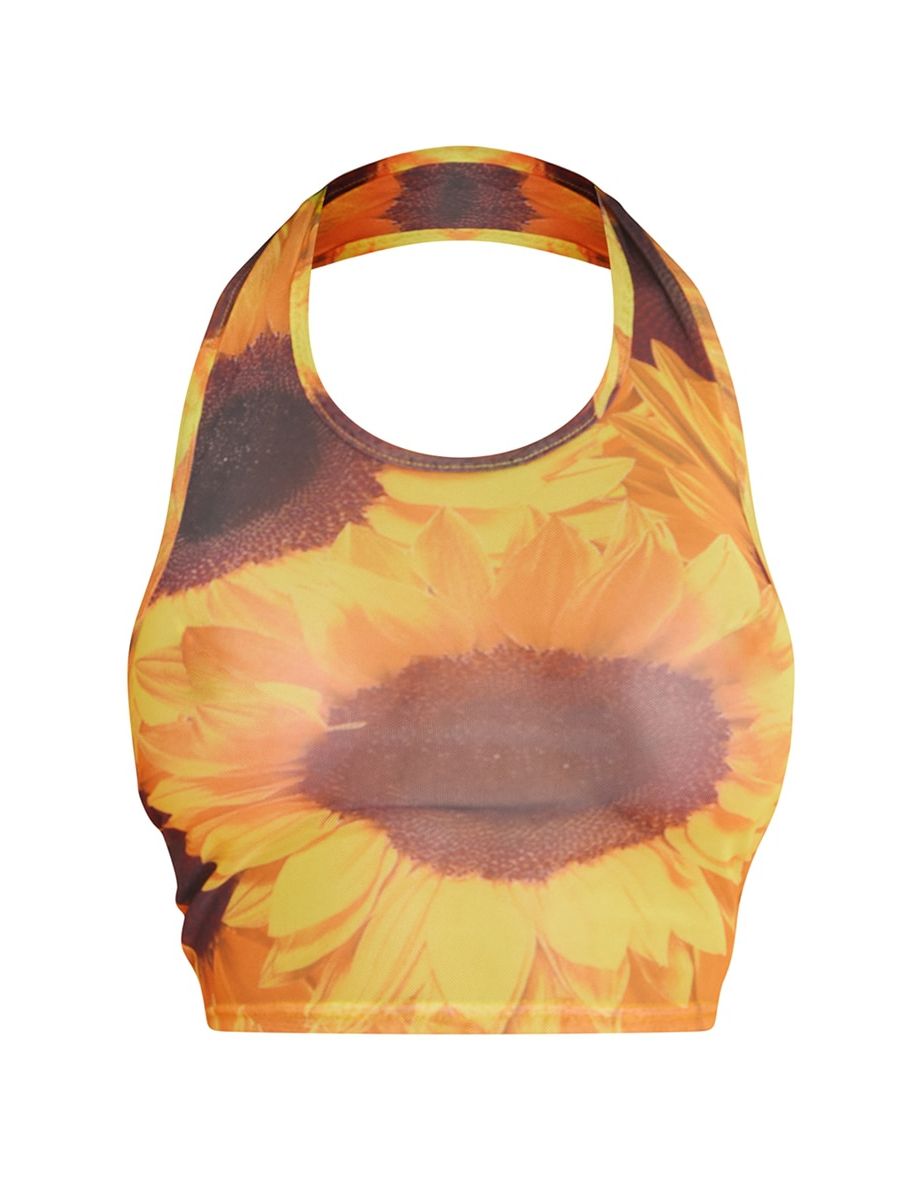 Bright Yellow Sunflower Mesh Halter Crop Top - 4